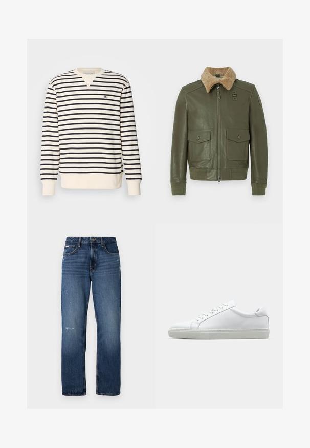Chaqueta de cuero verde oliva con cuello de borreguito beige, cremallera frontal, dos bolsillos con solapa abotonados, y puños y cintura de punto.; Sudadera de manga larga con diseño de cuello en V. Presenta franjas alternas en navy y crema, y un pequeño logo bordado en el pecho. Material de mezcla de algodón.; Jeans de mezclilla azul con diseño de pierna recta. Presentan áreas desgastadas y ligero distress en la parte frontal, con un cierre clásico de botón.; Zapatilla blanca con parte superior de cuero liso y perfil bajo. Presenta una puntera redondeada, seis ojales y una suela de goma texturizada.