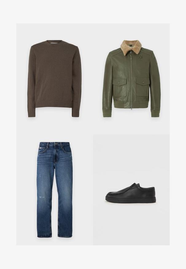 Olīvu zaļš ādas jaka ar bēšas vilnas apkakli, priekšējo rāvējslēdzēju, divām pogām aizveramām kabatām un adītiem aprocēm un jostasvietu.; Brūns adīts džemperis ar apaļu kakla izgriezumu, garām piedurknēm, ribotu apakšmalu un aprocēm, ar gludu tekstūru visā virsmā.; Zilas džinsu bikses ar taisnu kāju dizainu. Iezīmējas ar izbalējusiem laukumiem un vieglu nolietojumu priekšpusē, kā arī klasisku pogu aizdari.; Melnas ādas slip-on kurpes ar noapaļotu purngalu, šūšanas detaļām un melnu gumijas zoli. Gluda tekstūra ar minimālistisku dizainu.