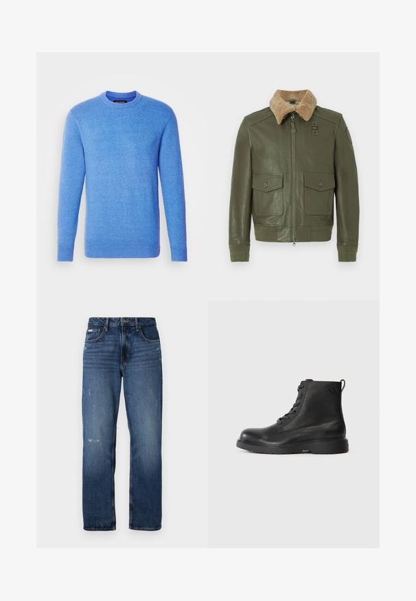 Oliivivihreä nahkatakki, jossa on vaaleanbeige turkiskaulus, etuvetoketju, kaksi napillista läppätaskua sekä neulottu hihansuut ja vyötärö.; Sininen neulepaita, jossa on pitkät hihat, pyöreä pääntie sekä ribbaavat hihansuut ja helma. Pehmeä rakenne, tasainen väri, merkitty sisäkauluksessa.; Siniset farkut suoran lahkeen muotoilulla. Edessä kuluneita kohtia ja kevyttä kulumista, klassinen napitus.; Musta nilkkuri, joka on valmistettu teksturoidusta nahasta. Kengässä on pyöreä kärki, nauhakiinnitys ja tukevat mustat kumipohjat. Säären takana on lenkki.