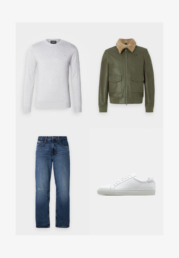 Jachetă din piele verde măsliniu cu guler din blană bej, fermoar frontal, două buzunare cu clapetă și buton, și manșete și talie tricotate.; Pulover tricotat gri deschis, cu maneci lungi, decolteu rotund si un mic logo brodat pe piept. Textura moale, design casual.; Jeans din denim albastru cu un design cu picior drept. Prezintă zone decolorate și ușor uzate pe față, cu un închidere clasică cu buton.; Adidași albi cu o suprafață din piele netedă și un profil jos. Au un vârf rotunjit, șase orificii pentru șireturi și o talpă din cauciuc texturată.