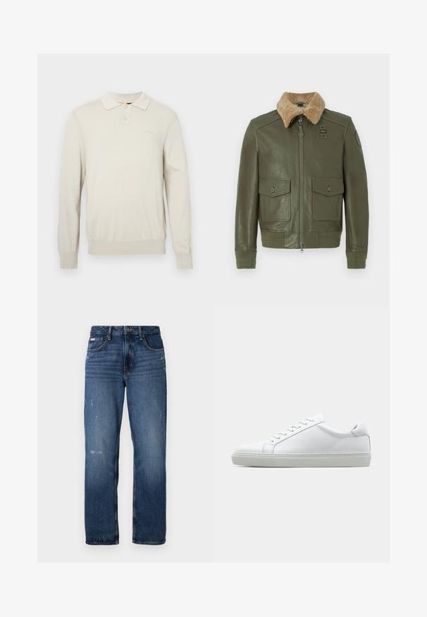 Olíva zöld bőrkabát bézs gyapjú, prémes gallérral, elöl cipzárral, két patentos zsebkendő zsebbel, valamint kötött mandzsettával és derékrésszel.; Krémszínű, hosszú ujjú polo ing, lágy kötött anyagból. Klasszikus nyakkal, két gombbal, valamint bordás mandzsettákkal és alsó szegéllyel rendelkezik. Diszkrét logó a mellkason.; Kék farmernadrág egyenes lábvágással. Halványodott területekkel és enyhe kopással az elülső részén, klasszikus gombzárással.; Fehér sportcipő sima bőr felső résszel és alacsony profilsal. Kerek orr, hat fűzőlyuk és barázdált gumitalp jellemzi.