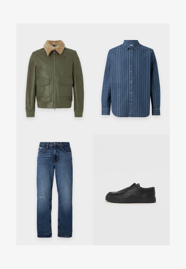Olíva zöld bőrkabát bézs gyapjú, prémes gallérral, elöl cipzárral, két patentos zsebkendő zsebbel, valamint kötött mandzsettával és derékrésszel.; Samsøe Samsøe SADAMON SHIRT - Ing - denim; Kék farmernadrág egyenes lábvágással. Halványodott területekkel és enyhe kopással az elülső részén, klasszikus gombzárással.; Fekete bőr slip-on cipő lekerekített orral, varrott részletekkel és fekete gumitalppal. Simaság és minimalista dizájn jellemzi.