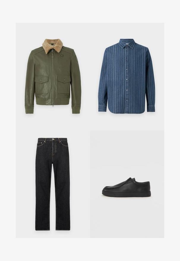 Chaqueta de cuero verde oliva con cuello de borreguito beige, cremallera frontal, dos bolsillos con solapa abotonados, y puños y cintura de punto.; Samsøe Samsøe SADAMON SHIRT - Camisa - denim; Vaqueros de mezclilla negra con corte recto, que cuentan con cierre de botón, cinco bolsillos y detalles de costura sutil a lo largo de las costuras.; Zapato de piel negro tipo slip-on con punta redonda, detalles de costura y suela de goma negra. Textura suave con un diseño minimalista.