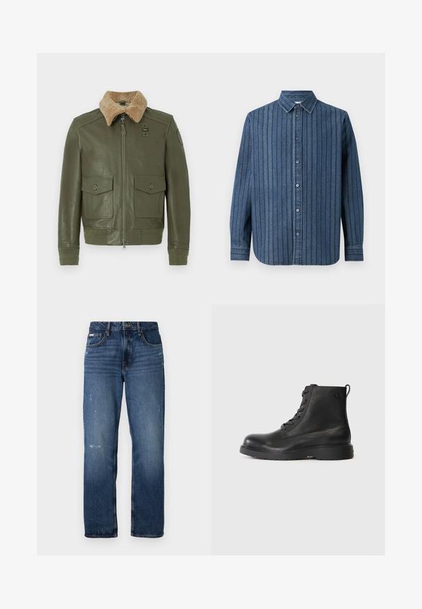Maslinasto zelena kožna jakna s bež krznom, prednja zatvarač, dva gumba koja se zatvaraju na džepovima, te pletene manžete i struk.; Samsøe Samsøe SADAMON SHIRT - Majica - denim; Plave traperice s ravnim nogavicama. Imaju izblijeđena područja i lagano oštećenje sprijeda, s klasičnim kopčanjem na gumbi.; Crne gležnjače napravljene od teksturirane kože sa okruglim vrhom, vezicama i čvrstim crnim gumennim đonom. Sadrže petu s uhu.