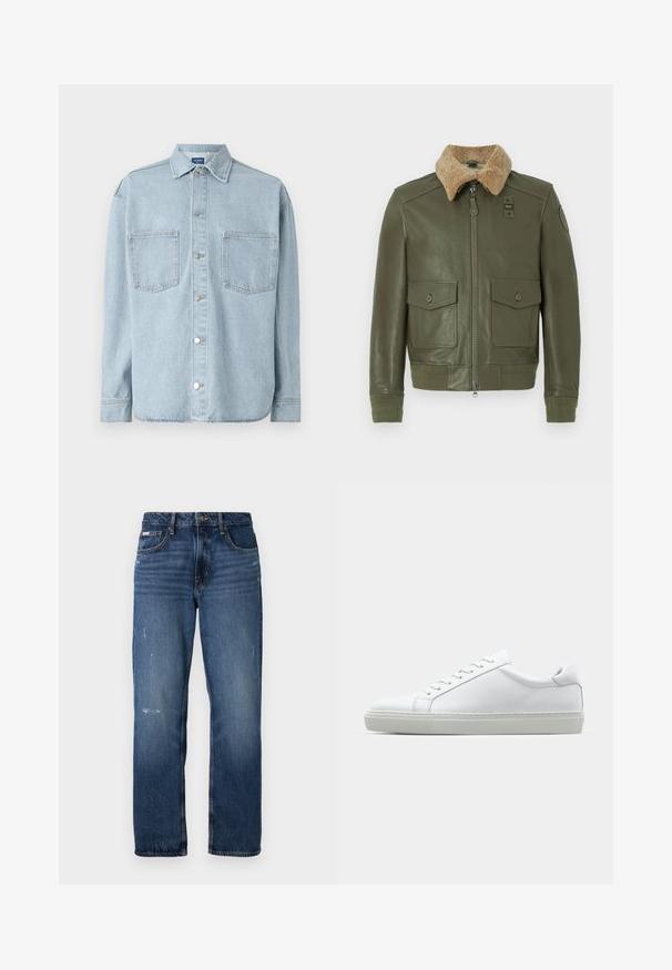 Jasnozielona skórzana kurtka z beżowym kołnierzem z owczej wełny, zamek błyskawiczny z przodu, dwie kieszenie z klapką zapinane na guziki oraz dzianinowe mankiety i pas.; Jasnoniebieska koszula dżinsowa z długimi rękawami, zapięciem na guziki, dwoma kieszeniami na piersi oraz klasycznym kołnierzykiem. Teksturowany materiał z prostym dołem.; Niebieskie dżinsy z prostą nogawką. Posiadają wyblakłe obszary oraz lekkie przetarcia na przodzie, z klasycznym zapięciem na guzik.; Białe sneakersy z gładką skórzaną cholewką i niskim profilem. Posiadają okrągły nos, sześć dziurek na sznurówki oraz teksturowaną gumową podeszwę.