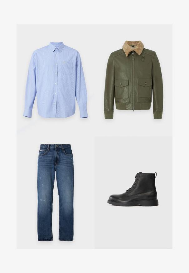 Olivovo zelená kožená bunda s béžovým ovčím golierom, predným zipsom, dvoma gombíkovými vreckami a pletenými manžetami a pásom.; Svetlomodrá košeľa na gombíky s vertikálnymi bielymi pruhmi, dlhými rukávmi, špicatým golierom, jednou náprsní kapsou a malým logom značky.; Modré denimové džínsy s rovnými nohavicami. Majú vyblednuté miesta a mierne poškodenie vpredu, s klasickým gombíkovým zapínaním.; Čierne členkové topánky vyrobené z textúrovanej kože s okrúhlou špičkou, šnurovací dizajn a robustná čierna gumená podrážka. Obsahujú pútko na päte.
