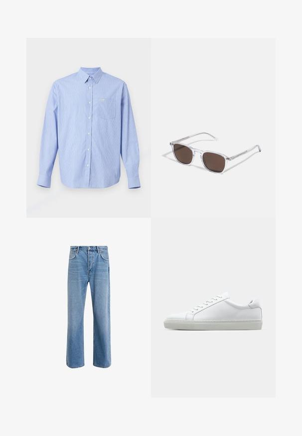 Olive green leather jacket with beige shearling collar, front zipper, two buttoned flap pockets, and knitted cuffs and waistband.; Light blue button-up shirt with vertical white stripes, long sleeves, pointed collar, single chest pocket, and a small brand label.; Light blue denim jeans with a straight-leg design, five pockets, button closure, minimal fading, and contrasting stitching details.; White sneaker with a smooth leather upper and a low profile. Features a rounded toe, six eyelets, and a textured rubber sole.; Clear plastic sunglasses with rectangular brown lenses, featuring thin, transparent arms and metal accents on the temples.
