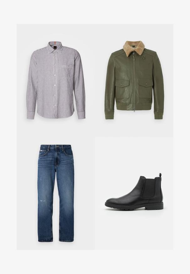 Olivroheline nahktagatse, millel on beež lõpetas krae, esine tõmblukk, kaks nuppu flappi taskut ning kootud mansetid ja vöökoht.; Pikendega nööbiga särk valgete ja hallide vertikaalsete triipudega, klassikalise krae ja ühe rinnataskuga. Kangas näib olevat tekstuuriga.; Sinine denimist valmistatud sirge jala disainiga teksad. Esiosal on pleekinud alad ja kerge kulumine, klassikaline nupplukuga.; Mustat nahast Chelsea saapad elastsete külgpaneelide ja tõmbeotsaga, ümarate varvaste ja tekstuurse kummitaldiga.