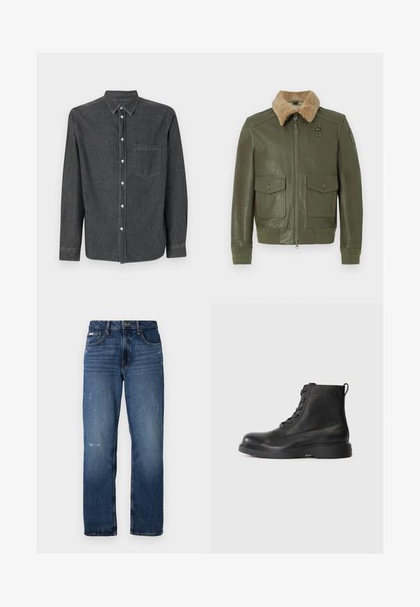 Jasnozielona skórzana kurtka z beżowym kołnierzem z owczej wełny, zamek błyskawiczny z przodu, dwie kieszenie z klapką zapinane na guziki oraz dzianinowe mankiety i pas.; Szara dżinsowa koszula zapinana na guziki z długimi rękawami, ze skośnym kołnierzykiem, kieszenią z przodu i białymi guzikami. Miękka w dotyku z lekko przetartym wykończeniem.; Niebieskie dżinsy z prostą nogawką. Posiadają wyblakłe obszary oraz lekkie przetarcia na przodzie, z klasycznym zapięciem na guzik.; Czarny botek za kostkę wykonany z teksturowanej skóry, o okrągłym nosku, z sznurowanym zapięciem i solidną czarną gumową podeszwą. Zawiera pętelkę na pięcie.