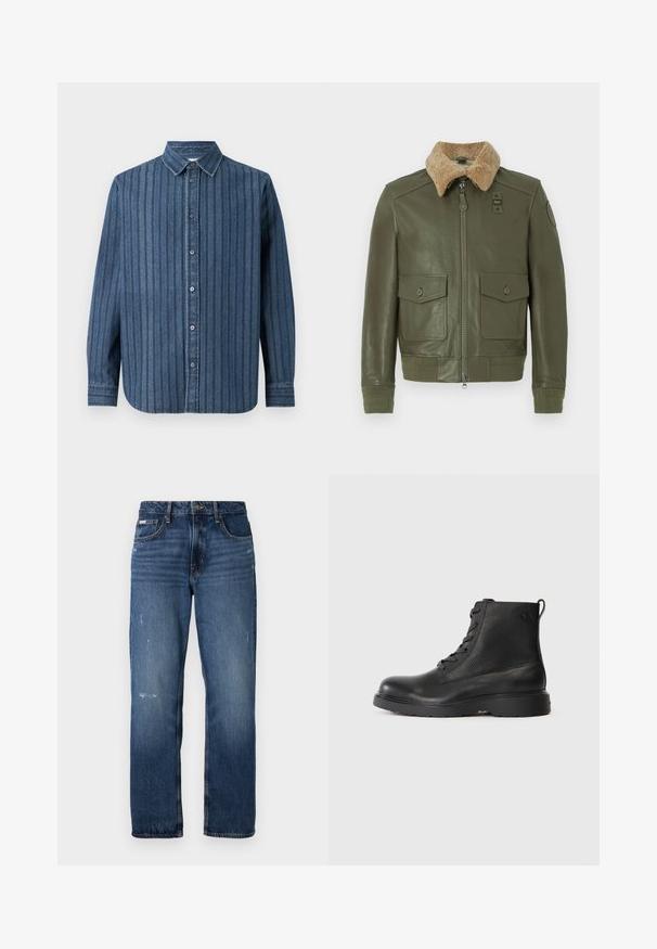 Giacca di pelle verde oliva con colletto in shearling beige, zip frontale, due tasche a patta con bottone e polsini e vita a maglia.; Samsøe Samsøe SADAMON SHIRT - Camicia - denim; Jeans di denim blu con un design a gamba dritta. Presentano zone sbiadite e leggeri segni di usura sulla parte anteriore, con una chiusura classica a bottone.; Stivale alla caviglia nero realizzato in pelle testurizzata con punta rotonda, design con lacci e una robusta suola in gomma nera. Presenta un anello sul tallone.