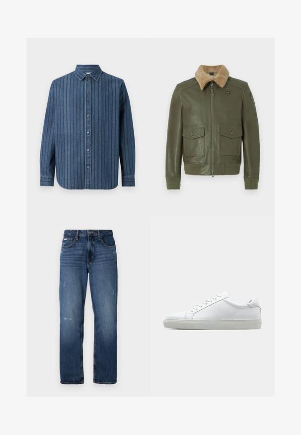 Alkali žalia odinė striukė su smėlio spalvos avikailio apykakle, priekinis užtrauktukas, dvi užsegamos kišenės ir megzti rankogaliai bei liemuo.; Samsøe Samsøe SADAMON SHIRT - Marškiniai - denim; Mėlynos džinsinės kelnės su tiesiu klešnių dizainu. Yra šiek tiek nusidėvėjimo ir šviesių dėmių priekyje, su klasikiniu uždarymu mygtuku.; Baltas sportinis batelis su lygiu odiniu paviršiumi ir žemu profiliu. Turi suapvalintą pirštą, šešis akių skyrius ir tekstūruotą gumos padą.