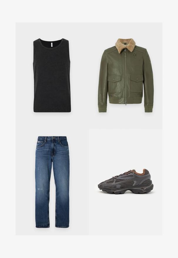 Giacca di pelle verde oliva con colletto in shearling beige, zip frontale, due tasche a patta con bottone e polsini e vita a maglia.; Top in cotone nero senza maniche, con scollatura rotonda e texture liscia. Presenta un taglio semplice e classico.; Jeans di denim blu con un design a gamba dritta. Presentano zone sbiadite e leggeri segni di usura sulla parte anteriore, con una chiusura classica a bottone.; Sneaker Lacoste grigie scure in materiale mesh e sintetico, con suola testurizzata e dettagli marroni sul colletto e sul branding.