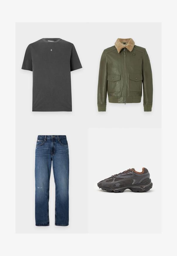 Olive green leather jacket with beige shearling collar, front zipper, two buttoned flap pockets, and knitted cuffs and waistband.; Dark gray cotton t-shirt with a round crew neck and short sleeves; features a small, centered logo in white on the chest.; Blue denim jeans with a straight leg design. Features faded areas and light distressing on the front, with a classic button closure.; Lacoste sneakers in dark gray with mesh and synthetic material, featuring a textured sole and brown accents on the collar and branding.
