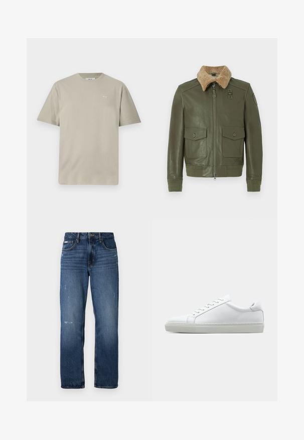Olivovo zelená kožená bunda s béžovým ovčím golierom, predným zipsom, dvoma gombíkovými vreckami a pletenými manžetami a pásom.; Svetlý taupe bavlnený tričko s krátkymi rukávmi, okrúhlym výstrihom a malou potlačenou nálepkou na ľavej strane hrudníka. Mäkká, hladká textúra.; Modré denimové džínsy s rovnými nohavicami. Majú vyblednuté miesta a mierne poškodenie vpredu, s klasickým gombíkovým zapínaním.; Biele tenisky s hladkým koženým zvrškom a nízkym profilom. Majú zaoblenú špičku, šesť očiek a štruktúrovanú gumovú podrážku.