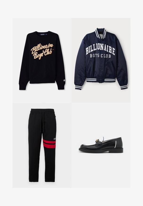 Navy bomber jacket with white "BILLIONAIRE BOYS CLUB" text, striped ribbed cuffs, snap buttons, and side pockets. Satin finish.; Black sweatshirt featuring a large, grid-patterned, gold and white "Billionaire Boys Club" logo on the front, with ribbed cuffs and hem.; White cotton t-shirt with a crew neckline, short sleeves, and a straight cut. No patterns or embellishments, smooth texture, and plain design.; Black sweatpants with contrast red stripes and logo on the side. Features an elastic waistband with drawstring and tapered ankle cuffs.; Black leather loafer with a rounded toe, white accents, and gold hardware on the vamp. Features a textured patch and stacked heel.