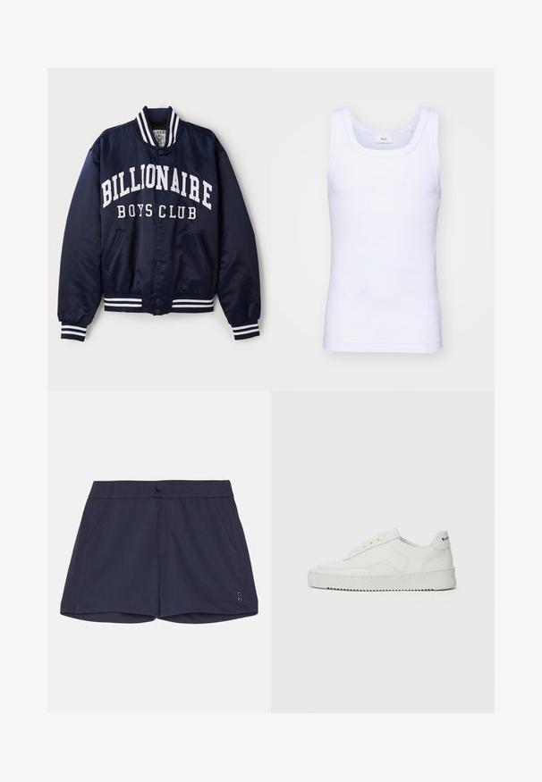 Mornarska bomberska jakna z belim napisom "BILLIONAIRE BOYS CLUB", črtastimi rebrastimi manšetami, sponkami in stranskimi žepi. Satenska površina.; Bela bombažna brezrokavna majica s krošnjo, ki ima gladko teksturo in prilegajočo obliko, zasnovana za sproščeno nošenje.; Ron Dorff TENNIS - Kratke hlače - navy; Bela usnjena športna obutev z gladko površino, okroglo prst, ravne vezalke in teksturiran podplat. Ima diskretno logo na peti.