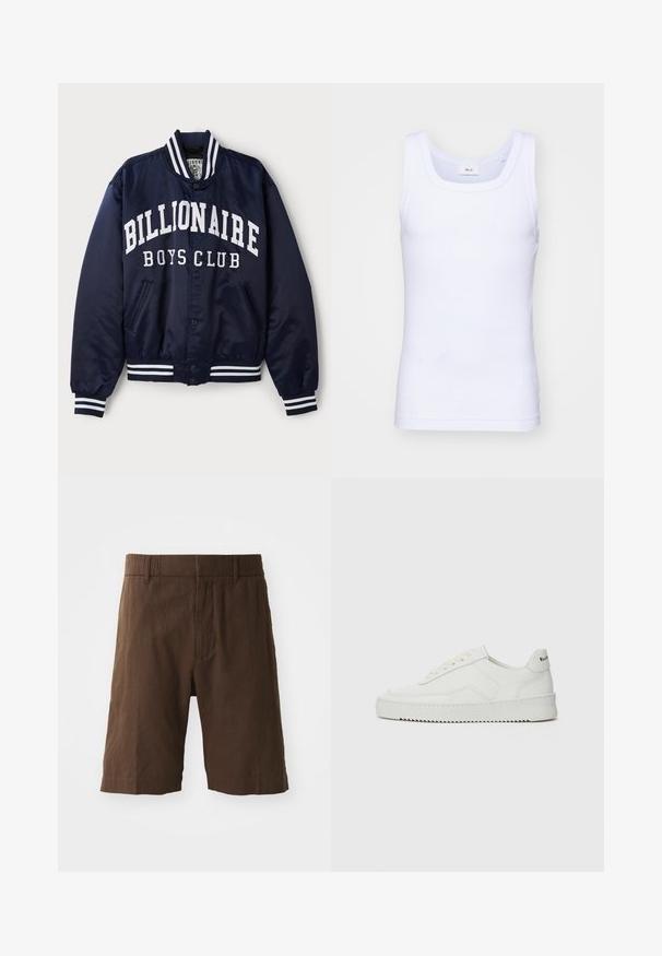Marine bomberjakke med hvid "BILLIONAIRE BOYS CLUB" tekst, stribede ribbede manchetter, trykknapper og sidelommer. Satinfinish.; Hvid bomulds ærmeløs tanktop med rund halsudskæring, der har en glat tekstur og en tætsiddende pasform, designet til casual brug.; Brune linned shorts med afslappet pasform, elastisk talje og lige ben. Glat tekstur med et simpelt, rent design.; Hvide lædersneakers med en glat overflade, rund tå, flade snørebånd og en tekstureret sål. Har et diskret logo på hælen.