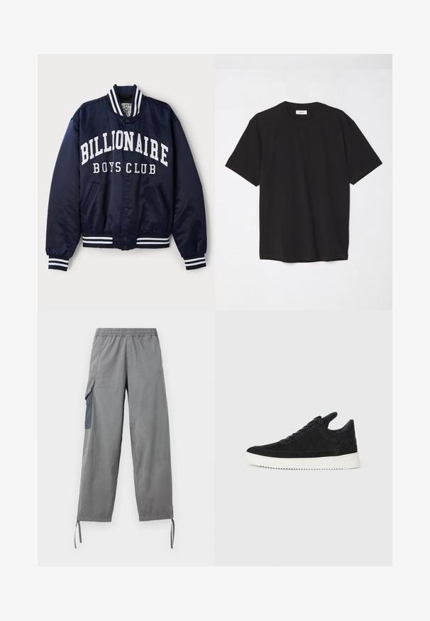 Marine bomberjack met witte "BILLIONAIRE BOYS CLUB" tekst, gestreepte ribgebreide manchetten, drukknoopsluitingen en zijzakken. Satijnen afwerking.; Zwarte katoenen t-shirt met een ronde hals, korte mouwen en een ontspannen pasvorm. Eenvoudig ontwerp, gladde textuur en geen zichtbare patronen of logo's.; Grijze lichtgewicht cargobroek met een elastische tailleband, zijzak, verstelbare manchetten en een gladde textuur.; Zwarte suède sneakers met een witte rubberen zool, voorzien van tonale stiksels en een vetersluiting. Glad oppervlak met een moderne, gestroomlijnde vorm.