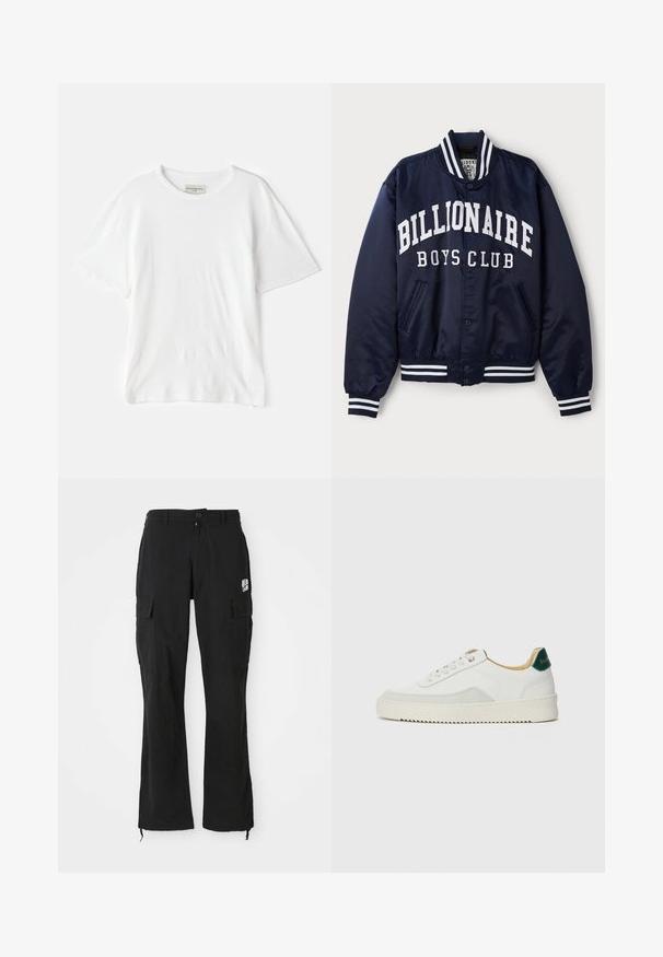 Tengerész bomber dzseki fehér "BILLIONAIRE BOYS CLUB" felirattal, csíkos bordás mandzsettákkal, patentgombokkal és oldalsó zsebekkel. Sátánfényű kivitel.; Fehér pamut póló, kerek nyakkivágással, rövid ujjal és laza szabással. Texturált felülettel rendelkezik. Címke látható a nyak belsejében.; Fekete egyenes szárú cargo nadrág gombos zárással, oldalsó fedéllel ellátott zsebekkel és kis fehér logóval a jobb combon.; Fehér sneaker suédé részletekkel, kerek orral, lapos fűzőkkel és krémszínű gumitalppal. Zöld logó található a sarkán.