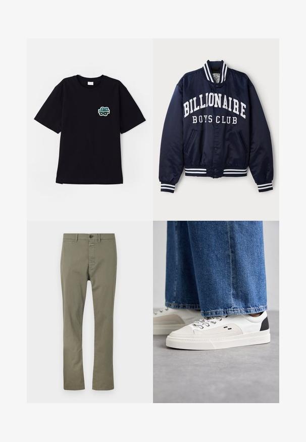 Navy bomber jacket with white "BILLIONAIRE BOYS CLUB" text, striped ribbed cuffs, snap buttons, and side pockets. Satin finish.; Black cotton t-shirt with short sleeves and round neck. Features a green embroidered logo on the left chest area. Straight hemline.; Olive green pants made of cotton blend fabric, featuring a zip fly, button closure, and side pockets. Straight leg design with smooth texture.; White and black sneakers with a smooth leather upper, textured accents, and a chunky white sole. Features a classic lace-up design.