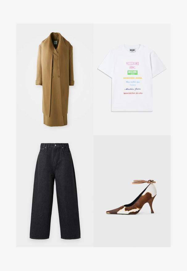 Μακρύ καφέ μάλλινο παλτό με υπερμεγέθη γιακά, διπλό μπροστινό κλείσιμο και φαρδιά μανίκια. Διαθέτει λεία, υφασμάτινη υφή.; Λευκό βαμβακερό t-shirt με πολλές λογότυπες κειμένου σε ροζ, πράσινο, κίτρινο, μπλε και κόκκινο, οργανωμένα κατακόρυφα στην μπροστινή πλευρά.; Μαύρο τζιν παντελόνι σε φαρδιά γραμμή με ψηλή μέση, διαθέτοντας κούμπωμα με κουμπί και φερμουάρ, ραμμένες τσέπες και λεία υφή.; Καφέ και λευκή γυαλιστερή γόβα με μυτερή μύτη, υφή και αναστρέψιμο λουράκι στον αστράγαλο με ανοιχτό καφέ πόρπη.