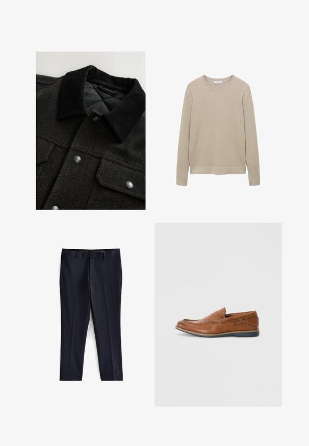Čierna a hnedá sako s vzorom rybej kosti, s kordurovým golierom, cvokovými gombíkmi a prešívanou podšívkou. Materiál vyzerá textúrovane.; Béžový rebrovaný pletený sveter s dlhými rukávmi, okrúhlym výstrihom a strihaným lemom. Tkanina sa zdá byť jemná s textúrovaným vzorom.; Next SLIM FIT ESSENTIAL - Oblekové nohavice - navy; Hnedé kožené poltopánky s okrúhlou špičkou, prešité akcenty a nízkou gumovou podrážkou. Dizajn obsahuje pásku cez hornú časť.