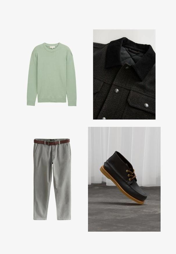 Fekete és barna hézagos mintájú zakó, kordbársony gallérral, patentgombokkal és steppelt béléssel. Az anyag texturált hatású.; Világos zöld, hosszú ujjú pulóver kerek nyakkivágással, bordázott mandzsettákkal és szegéllyel, sima háttér előtt bemutatva.; Szürke chinos nadrág sima textúrával, barna bőrövvel, elülső zsebekkel és szűkített lábkivágással.; Fekete bőrcipők sima felülettel, kerek orral, barna fűzőkkel és világosbarna gumitalppal. A logó a cipő oldalán van gravírozva.