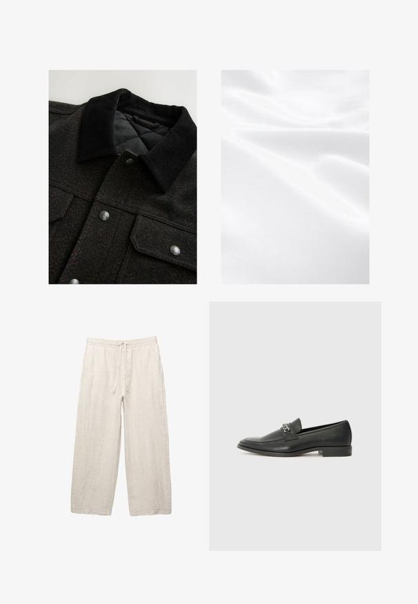 Fekete és barna hézagos mintájú zakó, kordbársony gallérral, patentgombokkal és steppelt béléssel. Az anyag texturált hatású.; Fehér szövet sima textúrával, ráncokkal és finom fénylő felülettel, amely könnyű és puha anyagra utal.; Világos bézs színű vászonnadrág, rugalmas derékkal, húzózsinórral, széles lábszárral és oldalsó zsebekkel. Simás textúra.; Fekete bőr loaferek sima felülettel, varrott mintával és díszítő fém lánccal a cipő elején. Lapos sarok.