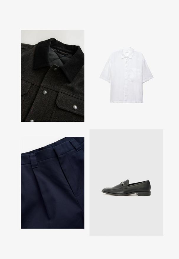 Čierna a hnedá sako s vzorom rybej kosti, s kordurovým golierom, cvokovými gombíkmi a prešívanou podšívkou. Materiál vyzerá textúrovane.; Biela košeľa s krátkymi rukávmi, s zapínaním na gombíky, golierom a jednou malou náprsní kapsou. Vyrobená z ľahkého materiálu s hladkou textúrou.; Námornícke plisované nohavice s hladkým, textúrovaným materiálom. Majú plochý pás a pútka na opasok, navrhnuté pre pohodlie a správne sedenie.; Čierne kožené loafers s hladkým povrchom, s prešitým dizajnom a dekoratívnym kovovým reťazovým akcentom cez priehlavok. Plochý podpätok.
