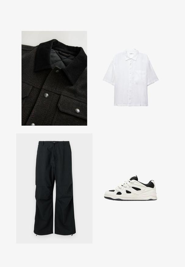 Mustat ja ruskeat kalanruoto-kuosiset takit, joissa on samettinen kaulus, painonappikiinnitys ja tikattu vuori. Kangas näyttää teksturoidulta.; Valkoinen lyhythihainen paita nappikiinnityksellä, kauluksella ja yhdellä rintataskulla. Valmistettu kevyestä kankaasta, jossa on sileä rakenne.; Mustat, leveälahkeiset housut, joissa on nauhakuja vyötäröllä ja joustavat lahkeensuut. Valmistettu kevyestä, teksturoidusta kankaasta. Yksinkertainen muotoilu.; Valkoiset ja mustat urheilukengät, joissa on teksturoitu pohja, sivuilla leikkauksia ja nauhoja, sekä pehmustettu takapohja tuen tarjoamiseksi.