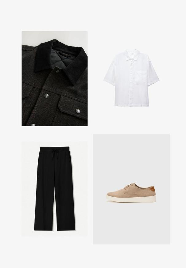 Jacket v vzorju ribje kosti v črni in rjavi barvi s pokrivalom iz kordurka, gumbi na pritisnjenje in prešito podlogo. Tkanina deluje teksturirano.; Bela kratkosleeve srajca z gumbnim zapiranjem spredaj, ovratnikom in enim žepom na prsih. Narejena je iz lahkega materiala z gladko teksturo.; Črne široke hlače iz mehkega blaga z elastičnim pasom in nastavljivim vrvico, opremljene s stranskimi žepi in gladko teksturo.; Bež tkanine usnjene superge z zaobljenim nosom, vezalkami na sprednji strani in teksturiranim zadnjim detajlom. Belo gumijasto podplato zagotavlja kontrast. Enostaven in sodoben dizajn.