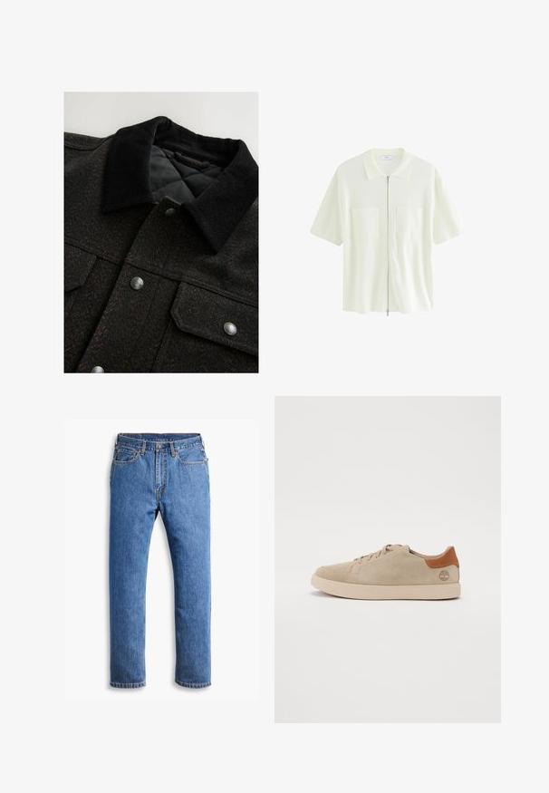 Must mustriga mustriga jakk must ja pruun, millel on puuvillane kaelus, nööbid ja tikitud vooder. Kangas näib struktuurne.; Lühikeste varrukate ja valge lukuga pluus, mis on valmistatud tekstureeritud kangast. Pluusil on kraega kaelus ning kaks eesmist taskut ruudukujuliste klappidega.; Sinine denimist teksapüksid otse lõikega, viie taskuga, nööpide sulgemisega ja puhase valge tausta peal oranzide õmblustega.; Beige nubukist ketsid, millel on õmmeldud kujundus, heledast kummist tald ning pruuni nahast aksessuurid kandadel ja logol.