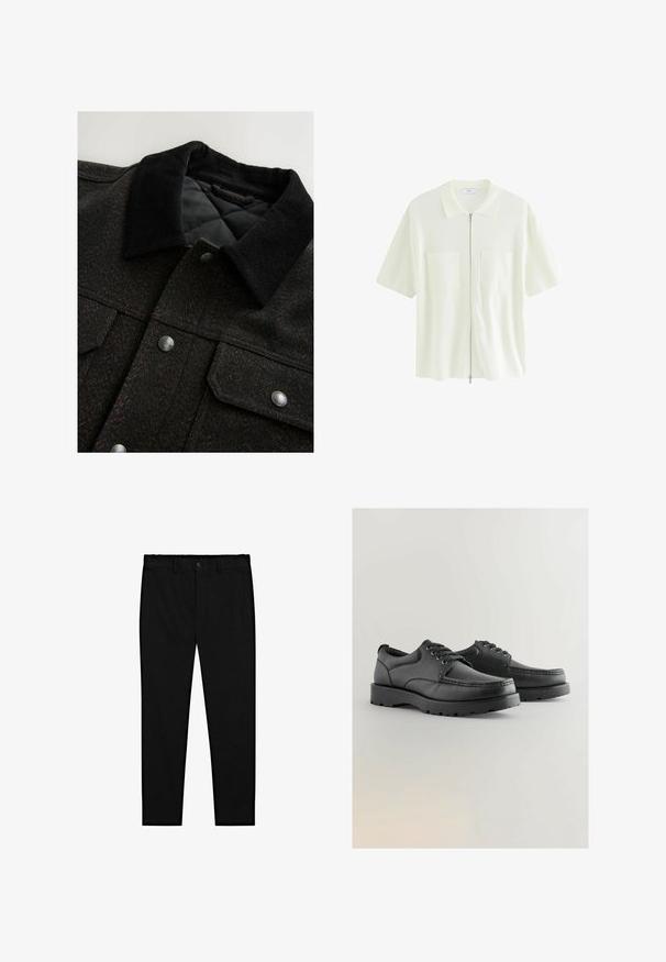 Svart och brun herringbone-mönstrad jacka med en kordflöjlskrage, tryckknappar och ett vadderat foder. Tyget verkar vara texturerat.; Kortärmad, vit zip-up skjorta i texturerad tyg, med krage och två framfickor med fyrkantiga lock.; Svarta skräddarsydda byxor med knäppning, bältesömmar och smala raka ben, visade mot en vit bakgrund.; Svarta läderskor med strukturerad ovandel, rund tå, snörningsdesign och tjocka gummisulor med mönstrad sula.