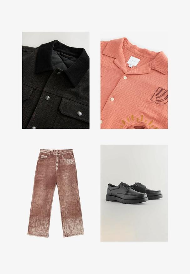 Jacke mit Fischgrätmuster in Schwarz und Braun, mit Cordkragen, Druckknöpfen und wattierter Innenausstattung. Der Stoff wirkt strukturiert.; Pfirsichfarbene Kurzarmbluse aus strukturiertem Stoff, mit Knöpfen, Kragen und gesticktem Design mit geschwungenen Linien in Gelb und Braun.; Braune Denim-Jeans zeichnen sich durch ein strukturiertes, gefächertes Design mit helleren Verblassungen aus. Sie sind mit vier Taschen und silbernen Hardware-Akzenten ausgestattet.; Schwarze Lederschuhe mit strukturiertem Obermaterial, runder Spitze, Schnürdesign und dicken Gummisohlen mit einem Profil.