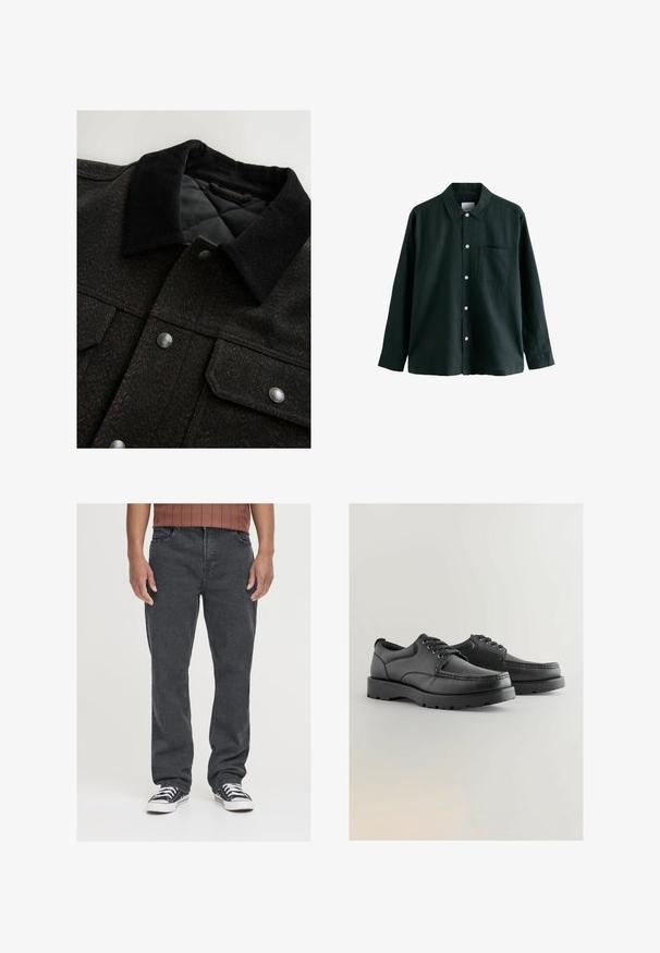 Giacca nera e marrone a motivo a spina di pesce con colletto in corduroy, bottoni a scatto e fodera trapuntata. Il tessuto sembra testurizzato.; Camicia button-up verde scuro con colletto, maniche lunghe e una tasca sul petto; presenta bottoni bianchi e una consistenza morbida.; Jeans in denim nero con una vestibilità a gamba dritta, dotati di tasche frontali, zip e una trama leggermente texturizzata. Indossati con sneakers nere e bianche.; Scarpe in pelle nera con tomaia texturizzata, punta tonda, design con lacci e suole spesse in gomma con un motivo di battistrada.
