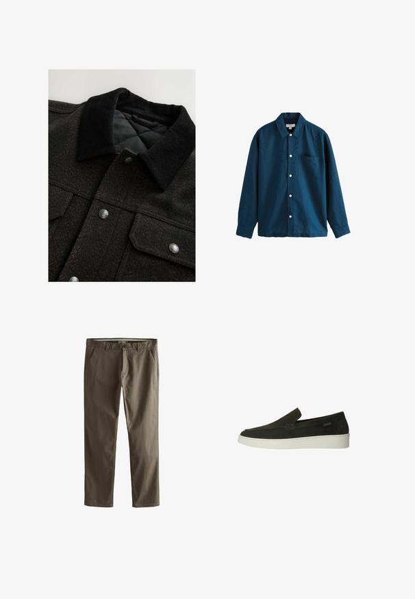 Zwarte en bruine jas met een visgraatpatroon, voorzien van een corduroy kraag, drukknoopsluiting en een gewatteerde voering. De stof lijkt getextureerd.; Blauwe lange mouwen overhemden met knopen, voorzien van een klassieke kraag, een enkele borstzak en witte knopen. Zachte textuur met een lichte glans.; Bruine katoenen chinos met een recht gesneden ontwerp, achterzakken en een knoopsluiting. Heeft een gladde textuur en strakke lijnen.; Manfield Instappers - grün
