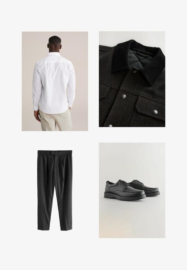 Juodas ir rudas zigzaginis raštas su pūkų apykakle, spaudėmis ir siūtu pamušalu. Audinys atrodo tekstūruotas.; Balti mygtukais užsegama palaidinė su ilgomis rankovėmis, pagaminta iš lygios medžiagos. Turi klasikinį apykaklę, lenktą apačią ir rankogalius su vienu mygtuku.; Next REGULAR FIT -CHECK SMART - Chino stiliaus kelnės - black; Juodos odinės bateliai su tekstūruota viršutine dalimi, apvaliu priekiu, raištelių dizainu ir storais guminiais padais su protektoriumi.