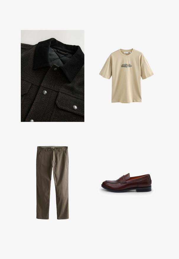 Sort og brun jakke i herringbone mønster med en kordfløjlskrave, trykknapper og en quiltet foring. Stof ser tekstureret ud.; Beige bomulds t-shirt med et grafisk print i midten. Designet inkluderer farverige elementer og buet tekst. Korte ærmer og rund halsudskæring.; Brune bomulds chinos med lige ben-design, forlommer og knaplukning. Har en glat tekstur og rene linjer.; Brune læder loafer med en glat overflade, rund tå, kontrast syninger og en lav hæl. Har et dekorativt bånd hen over vampen.