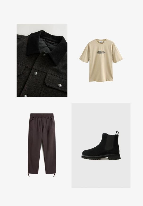 Giacca nera e marrone a motivo a spina di pesce con colletto in corduroy, bottoni a scatto e fodera trapuntata. Il tessuto sembra testurizzato.; T-shirt in cotone beige con stampa grafica al centro. Il design include elementi colorati e testo curvo. Maniche corte e scollatura rotonda.; Pantaloni marroni scuri, leggeri, con vita elastica, due tasche laterali, gambe affusolate e coulisse regolabili ai polsini.; Stivali Chelsea neri in suede. Presentano pannelli laterali elasticizzati e un tirante. Sole in gomma spesso con battistrada texture.