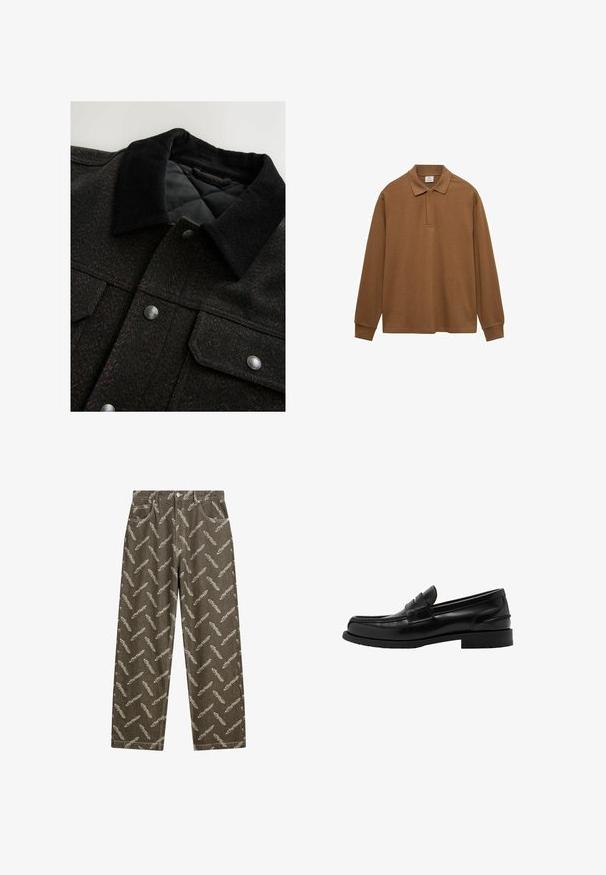Giacca nera e marrone a motivo a spina di pesce con colletto in corduroy, bottoni a scatto e fodera trapuntata. Il tessuto sembra testurizzato.; Polo shirt marrone a maniche lunghe realizzato in cotone, con colletto, pattina con bottoni e polsini a costine; texture liscia e vestibilità rilassata.; Pantaloni in denim khaki con un motivo a piume in tutta superficie di un beige chiaro. Vestibilità ampia con tasche standard e dettagli di cucitura a contrasto.; Mocassino in pelle nera con tacco basso, dettaglio cucito sulla tomaia e finitura liscia e lucida. Presenta un design a punta rotonda.