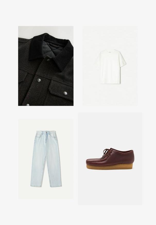 Fekete és barna hézagos mintájú zakó, kordbársony gallérral, patentgombokkal és steppelt béléssel. Az anyag texturált hatású.; Fehér, rövid ujjú póló, puha pamutból készült. Környakú dizájn, laza szabással, látható logók vagy minták nélkül.; Világoskék farmernadrág, laza szabással, egyenes szárú kialakítással, öt zsebes stílussal és finom elhalványulással az anyagon.; Barna bőr cipő, kerek orral, fűzős elülettel és texturált gumitalppal. Az felső szélein varrott mintázattal rendelkezik.