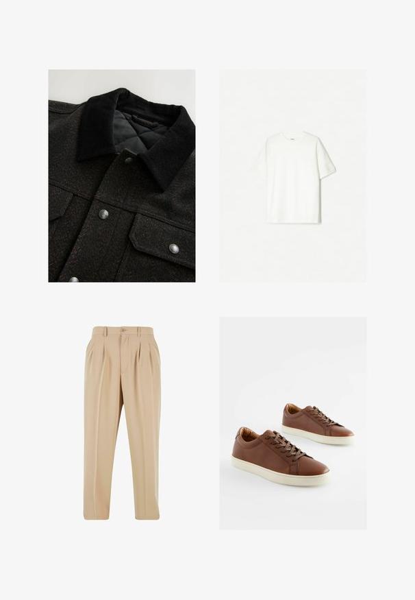 Giacca nera e marrone a motivo a spina di pesce con colletto in corduroy, bottoni a scatto e fodera trapuntata. Il tessuto sembra testurizzato.; T-shirt bianco a maniche corte, realizzato in cotone morbido. Design a girocollo con una vestibilità comoda e senza loghi o motivi visibili.; Pantaloni beige a pieghe con design a gamba dritta, realizzati in tessuto liscio, con chiusura a bottone e passanti per cintura in vita.; Sneaker in pelle marrone con una trama liscia, suole in gomma bianca e lacci marroni coordinati. Design della punta arrotondata con dettagli di cucitura minimi.