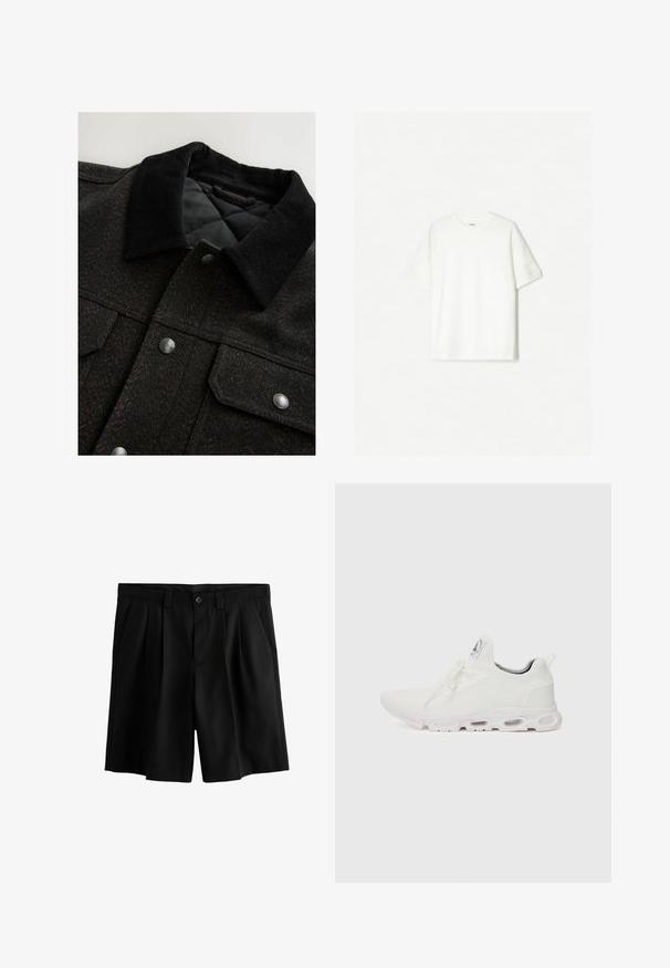 Jachetă cu un model de herringbone în nuanțe de negru și maro, cu guler din catifea, nasturi cu prindere prin apăsare și căptușeală matlasată. Materialul pare texturat.; Tricou alb cu mânecă scurtă, made din bumbac moale. Design cu gât rotund, cu o croială lejeră și fără logo-uri sau modele vizibile.; Pantaloni scurți negri cu un design pliat, închidere cu nasture și o textură fină. Talie cu bucle pentru curea pentru un plus de stil.; Adidași albi cu un superior din țesătură texturată, șireturi plate și o talpă cu perne de aer vizibile pentru suport suplimentar.