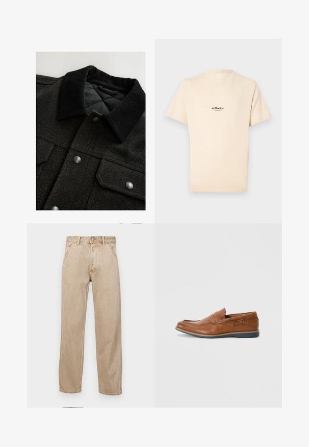 Must mustriga mustriga jakk must ja pruun, millel on puuvillane kaelus, nööbid ja tikitud vooder. Kangas näib struktuurne.; Lühikeste varrukatega, kreemivärvi puuvillane t-särk ümara kaelakaelusega. Rinnal on väike must logo.; Bežidemini teksased sirgjoonise kujundusega, front pocket'itega, metallist nööbi kinnitusega ja peene tekstuuriga.; Prunadest nahkkingad ümmarguse varbaga, õmmeldud detailide ja madala kummitaldaga. Disain sisaldab riba üleval.