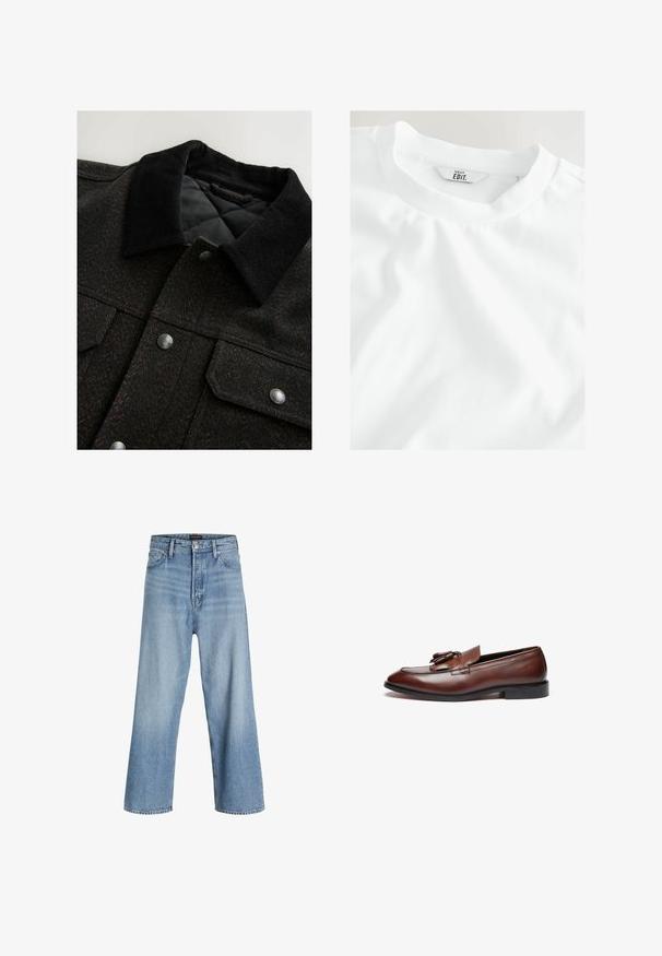 Zwarte en bruine jas met een visgraatpatroon, voorzien van een corduroy kraag, drukknoopsluiting en een gewatteerde voering. De stof lijkt getextureerd.; Effen wit T-shirt met een close-up van de halslijn en het etiket, waarop "NEXT EDIT." staat, tegen een lichte achtergrond.; Lichtblauwe wijdvallende jeans van denim, met een hoge taille, klassieke vijf-pocketontwerp en knoopsluiting met ritssluiting.; Bruine leren loafers met een gladde afwerking, decoratieve franjes, een ronde neus en een lage zwarte rubberen zool.