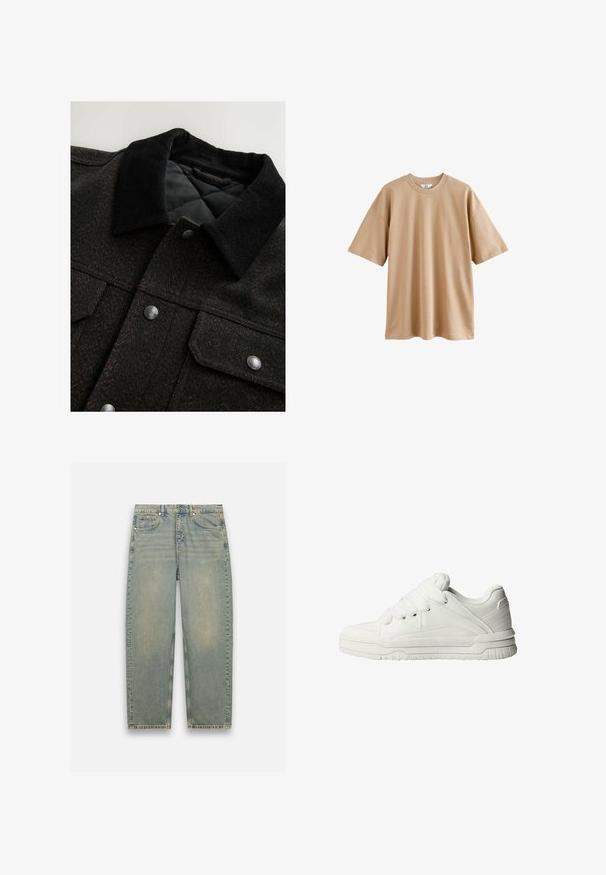 Mustat ja ruskeat kalanruoto-kuosiset takit, joissa on samettinen kaulus, painonappikiinnitys ja tikattu vuori. Kangas näyttää teksturoidulta.; Vaaleanbeige lyhythihainen t-paita, joka on valmistettu puuvillasta, pyöreällä kaula-aukolla ja rentoa istuvuutta. Materiaali on sileä, eikä siinä ole kuvioita tai koristeita.; Vaaleansiniset farkut, joissa on hieman haalistunut pinta, suora lahkeiden muotoilu, viisi taskua sekä metalliset yksityiskohdat vyötäröllä.; Valkoiset lenkkarit, joissa on sileä nahkaulkopinta, pehmustettu kieli, litteät nauhat ja teksturoidut yksityiskohdat sivuilla ja kantapäällä.