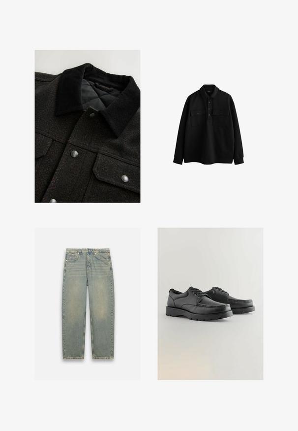 Must mustriga mustriga jakk must ja pruun, millel on puuvillane kaelus, nööbid ja tikitud vooder. Kangas näib struktuurne.; Musthave musta pika varrukatega polo särk, millel on krae, kaks rinna taskut, viis nuppu ja mugav lõige. Valmistatud pehmest, tekstureeritud kangast.; Heledad sinine teksapüksid, millel on veidi kulunud viimistlus, sirge sääre disain, viie tasku stiil ja metallist detailid talje juures.; Mustad nahast kingad tekstuuriga ülemise osa, ümmargune varvas, paelkinnitusega disain ja paksud kummist tallad, millel on pidurdamise muster.