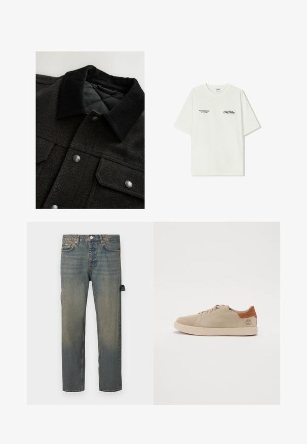 Fekete és barna hézagos mintájú zakó, kordbársony gallérral, patentgombokkal és steppelt béléssel. Az anyag texturált hatású.; Fehér pamut póló rövid ujjakkal. Az elején fekete szöveg található: "NEM HOLNAP NEM MA" és "A FÖLD BŰVÉSZETE" zöld írással.; Világos kék, kopott hatású farmernadrág, egyenes lábú fazon, öt zsebbel és övhurkokkal. Oldalsó pánt részletekkel rendelkezik.; Beige suede tornacipők, varrott mintával, világos színű gumitalppal és barna bőrkiegészítőkkel a sarkán és a logón.