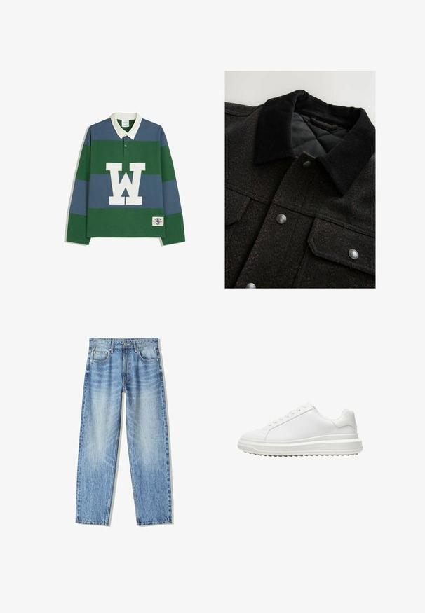 Jacke mit Fischgrätmuster in Schwarz und Braun, mit Cordkragen, Druckknöpfen und wattierter Innenausstattung. Der Stoff wirkt strukturiert.; Langärmliges Polohemd mit horizontalen Streifen in Grün und Blau, weißem Kragen und großem weißen "W"-Logo auf der Vorderseite mit einem Etikett-Detail.; Helle blaue Denim-Jeans mit lockerem Schnitt, geradem Bein-Design, fünf Taschen und verblasster Textur. Enthält einen Frontknopf- und Reißverschluss.; Weißer Sneaker mit einem glatten synthetischen Obermaterial, runder Spitze, flachen Schnürsenkeln, strukturiertem Sohlen und einem geschichteten, Plattform-Design für zusätzlichen Halt.