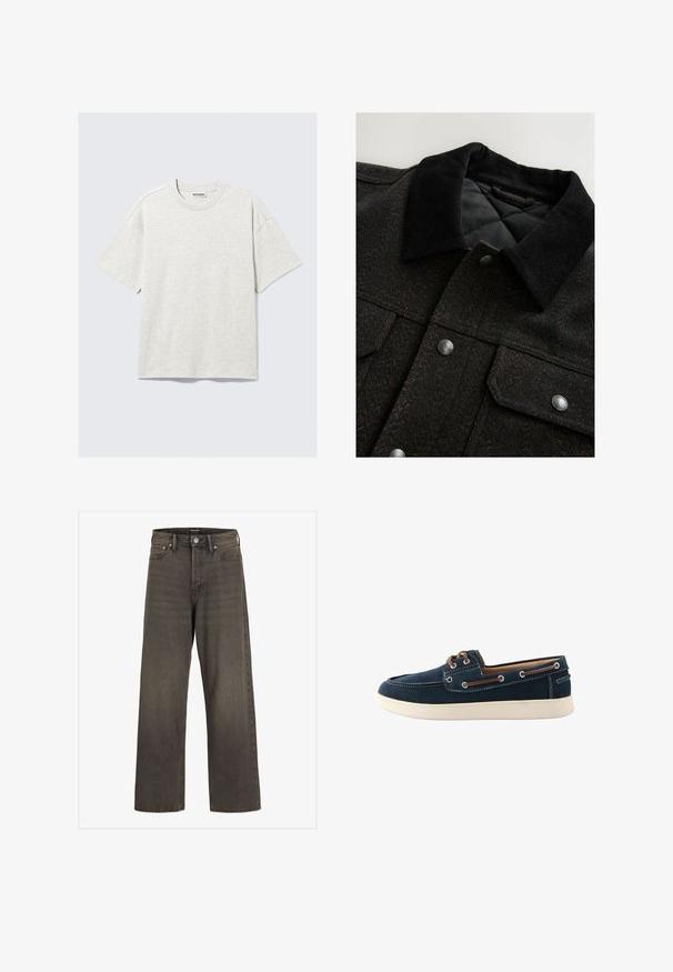 Melnā un brūnā zigzaga raksta jakas ar korduroja apkakli, spiedpogām un polsterētu oderi. Audums šķiet teksturēts.; Gaiši pelēks īsām piedurknēm t-krekls, izgatavots no džersija auduma. Iebūvēta apaļa kakla izgriezums, brīvs piegriezums un smalka tekstūra. Etiķete norāda "WEEKDAY."; Platas kājas džinsi tumši pelēkā denima, ar augstu jostasvietu, klasisku piecu kabatu dizainu un kontrastējošām šuvēm.; Jūras zila laivu apavi, izgatavoti no auduma ar baltu šuvumu un gumijas zoli. Iezīmējas ar brūnām auklām un acīm. Apaļas pirkstu formas dizains.